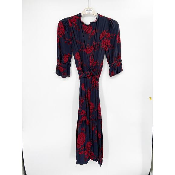 Marissa Webb Collective Navy Red Floral Print Belted Button Front Shirt Dress - Picture 5 of 7